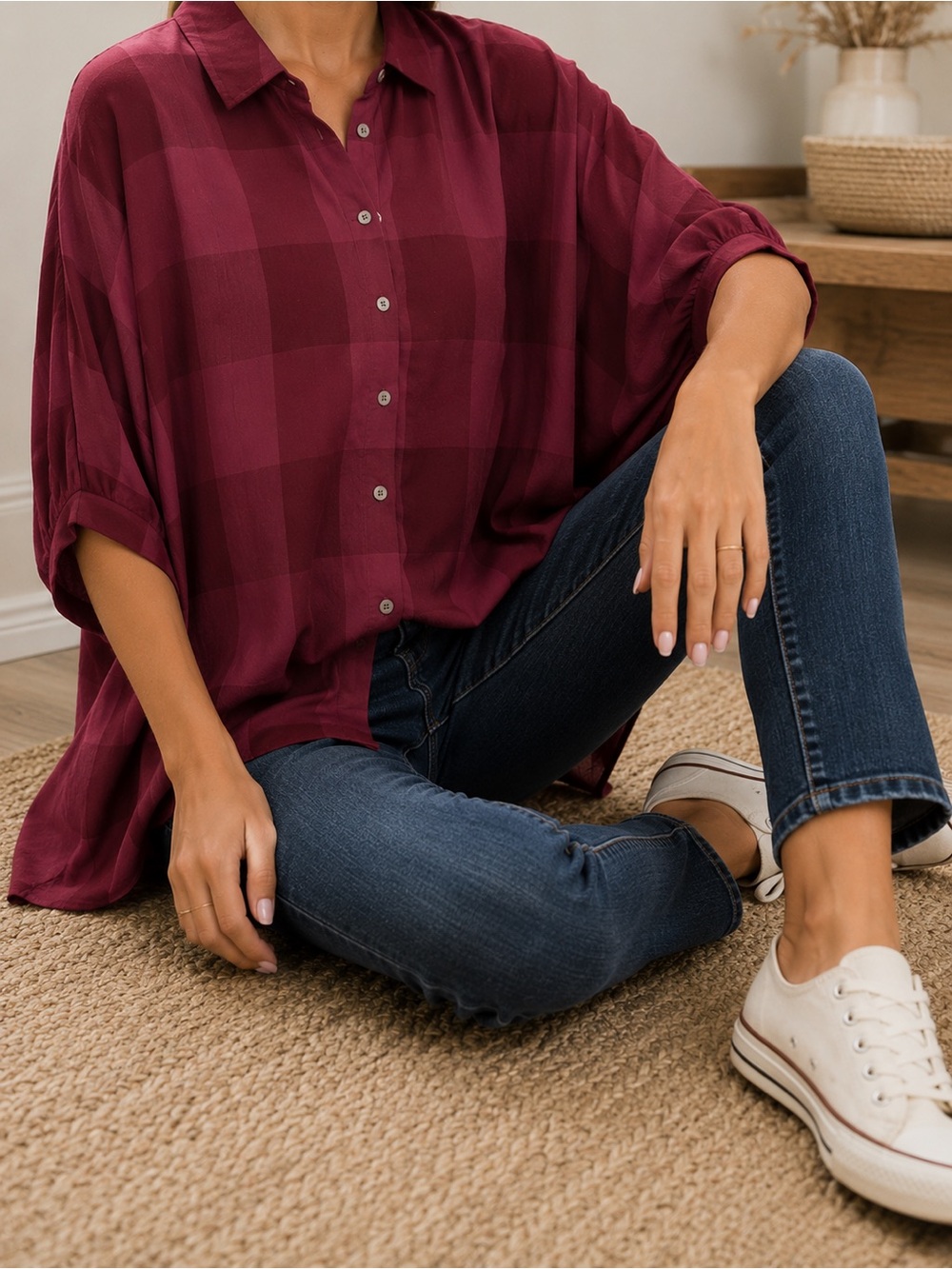 Pink Burgundy Plaid Button Down Tunic Shirt Boyfriend Fit